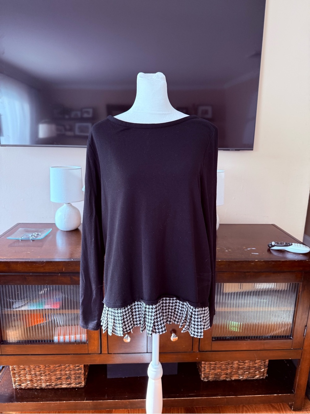 J. Crew Black Long-Sleeve Top with Houndstooth Ruffle Hem